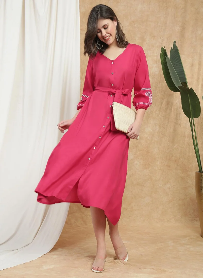 globus Globus Women Pink V-Neck Bishop Sleeves Embroidered Detail Waist Tie-Ups Button-Down A-Line Midi Fusion Dress